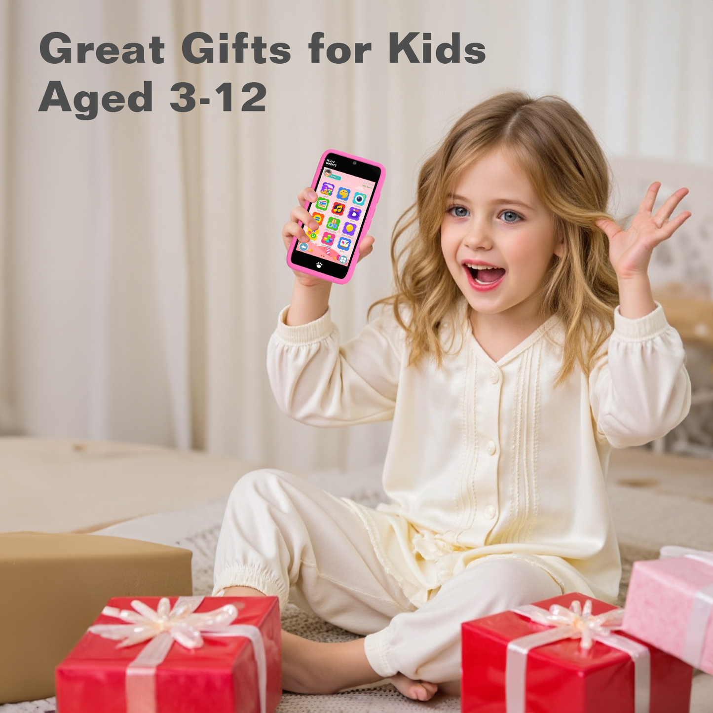 MOMILLA Toys Kids Smart Phone for Girls, 3.97” Cell Phone with Dual Cameras, Stickers & Frames, 200+ Games, 16GB Storage, Educational Mini Toddler Play Toy, Christmas Birthday Gift for Kids Age 3-10