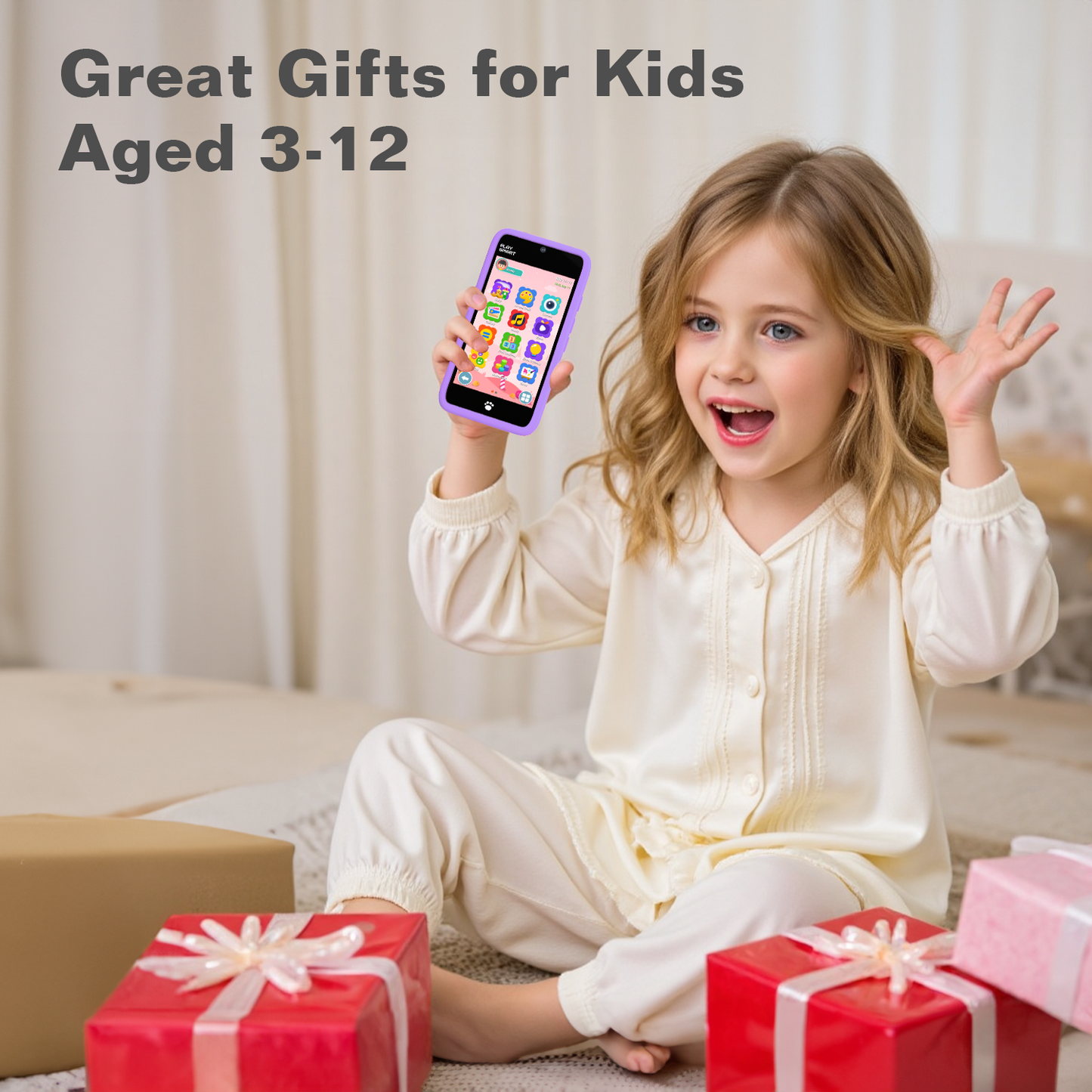 MOMILLA Kids Smart Phone Toys for Girls, 3.97” Touchscreen, Dual Cameras with Stickers, 200+ Games & 16GB Storage, Christmas Birthday Gift for Kids Age 3-10, Educational Mini Toddler Play Phone Toy