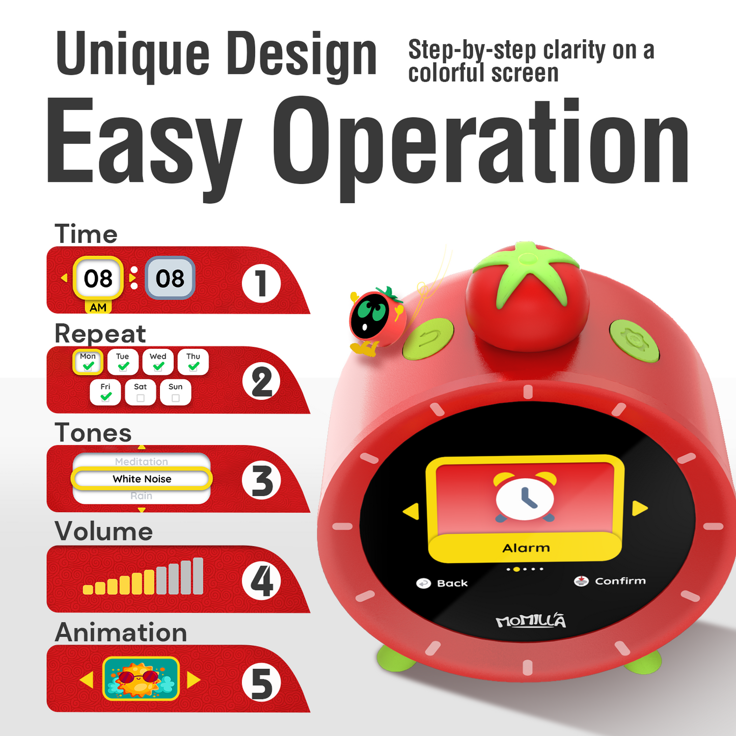 MOMILLA Kids Alarm Clock for Bedrooms, Colorful Display 7-Day Programmable 4 Alarms, Visual Timer with White Noise, Cute Digital Clock, for Teens Girls Boys, Loud for Heavy Sleepers