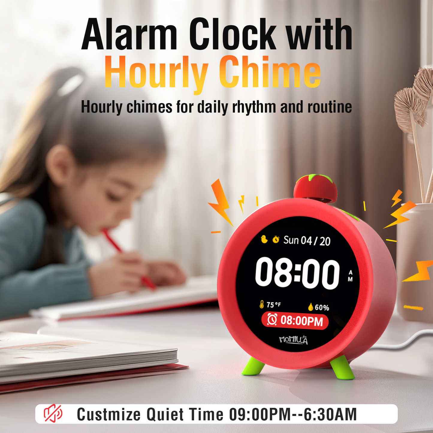 MOMILLA Kids Alarm Clock for Bedrooms, Colorful Display 7-Day Programmable 4 Alarms, Visual Timer with White Noise, Cute Digital Clock, for Teens Girls Boys, Loud for Heavy Sleepers