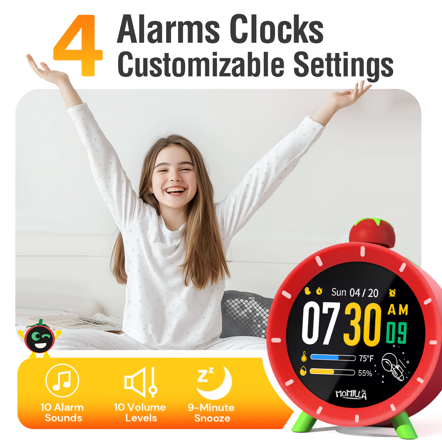 MOMILLA Kids Alarm Clock for Bedrooms, Colorful Display 7-Day Programmable 4 Alarms, Visual Timer with White Noise, Cute Digital Clock, for Teens Girls Boys, Loud for Heavy Sleepers