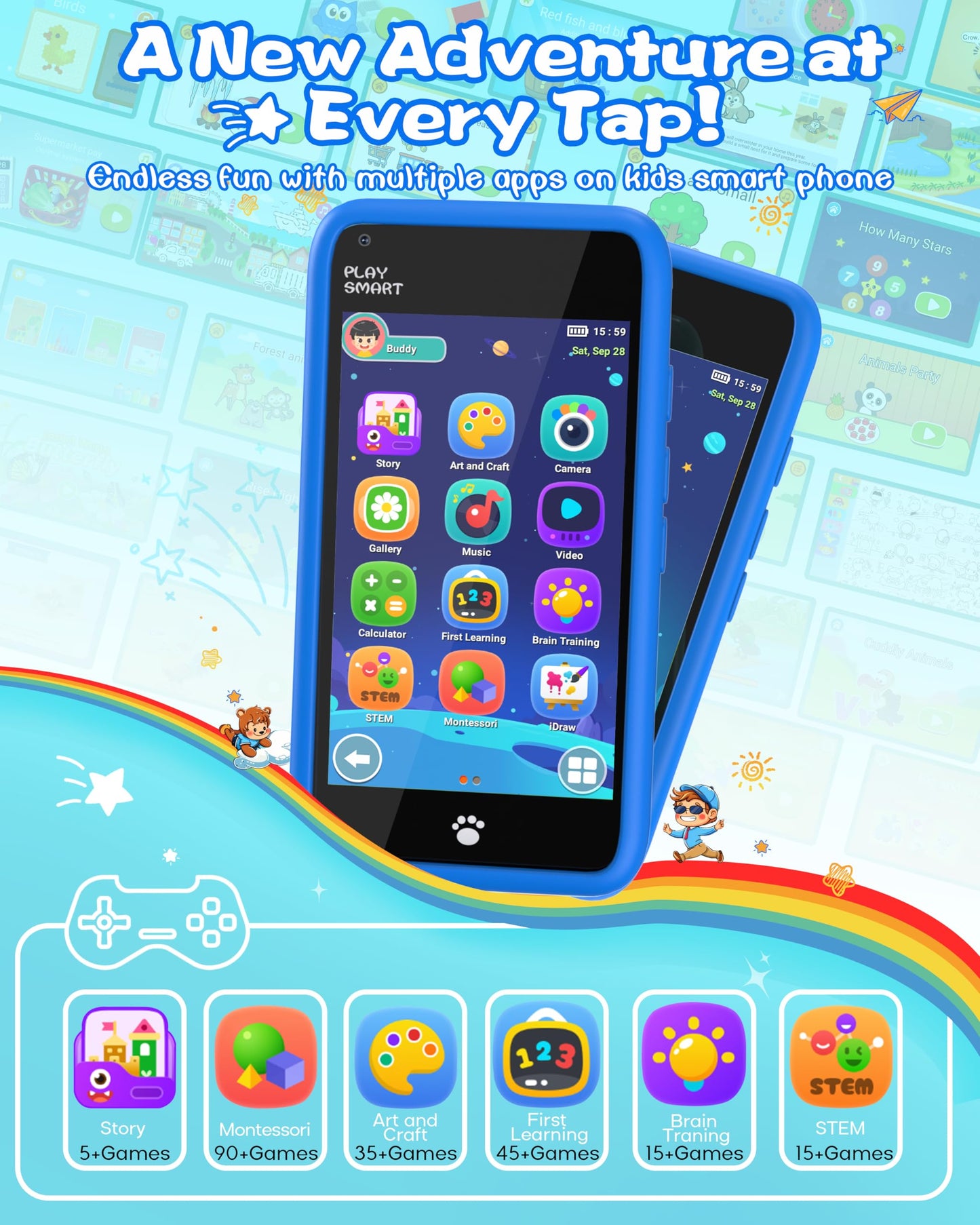 Kids Toys Smart Phone, Girls Toys with 3.97" Touchscreen Phone, Birthday Gift for Kids Age 3-12, Toddler Toys Learning Smartphone, 16 GB Storage Cell Phone with Front Camera (No Dual Camera)