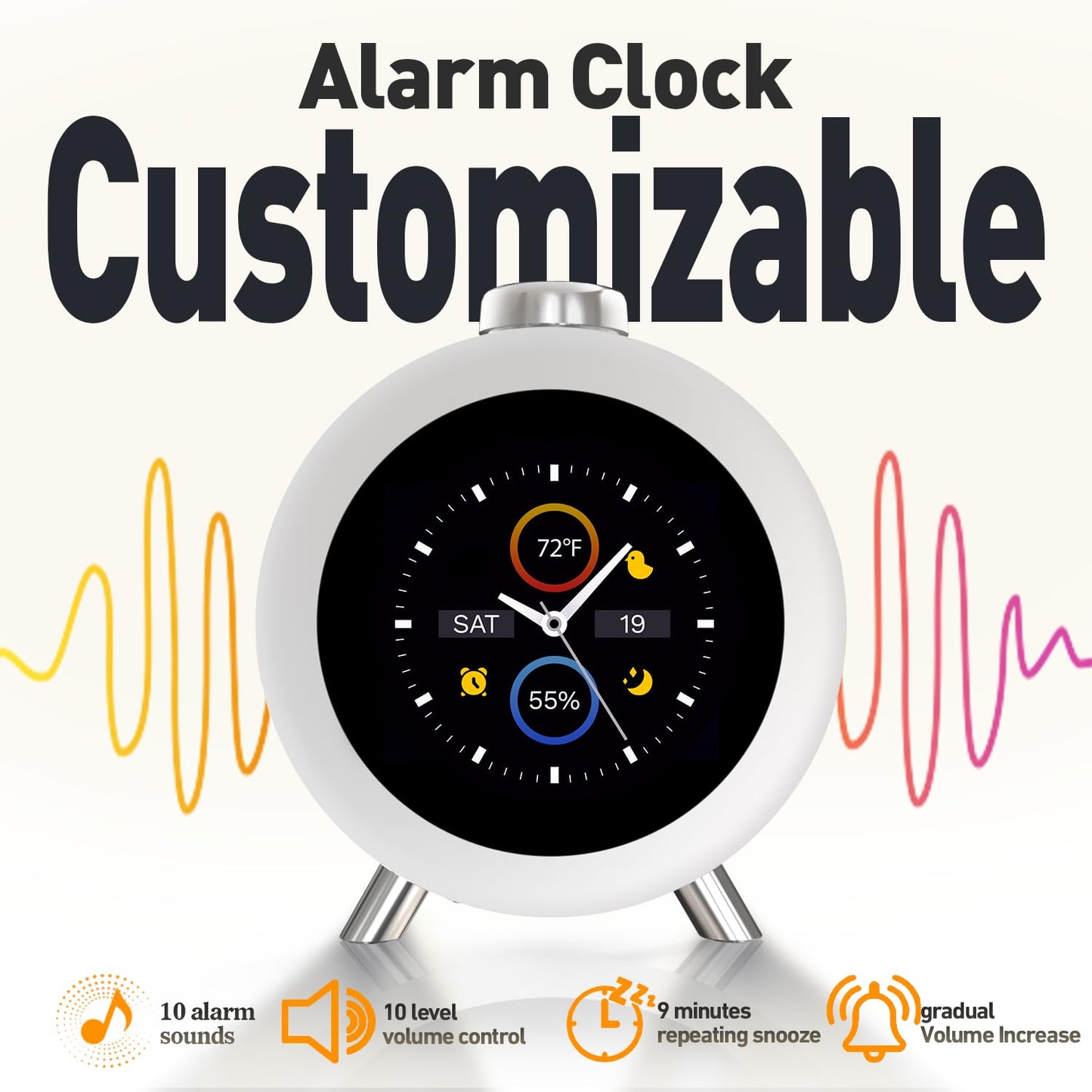 MOMILLA Alarm Clock for Heavy Sleepers, Colorful Screen Temperature, Loud 7-Day Programmable 4 Alarms, Small Clocks Bedrooms for Kids Adults Boys Girls, Easy to Set, Digital White Noise, Hourly Chime