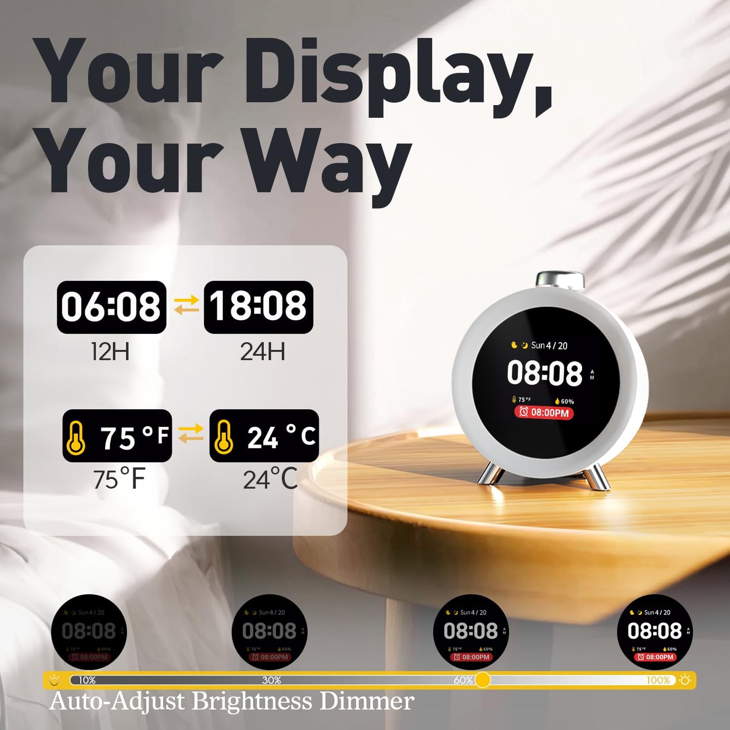 MOMILLA Alarm Clock for Heavy Sleepers, Colorful Screen Temperature, Loud 7-Day Programmable 4 Alarms, Small Clocks Bedrooms for Kids Adults Boys Girls, Easy to Set, Digital White Noise, Hourly Chime